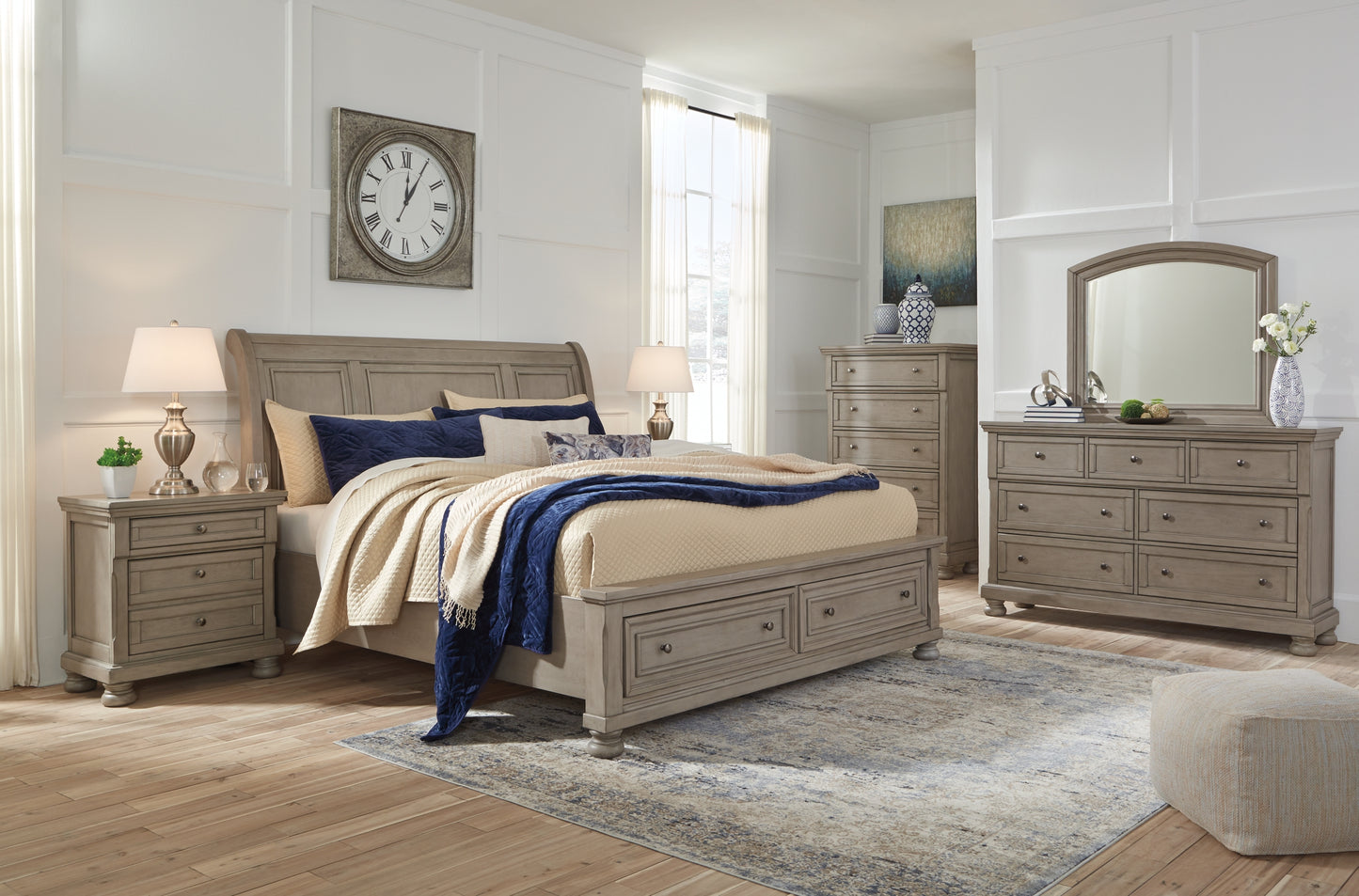 Lettner King Sleigh Bed with 2 Storage Drawers with Mirrored Dresser