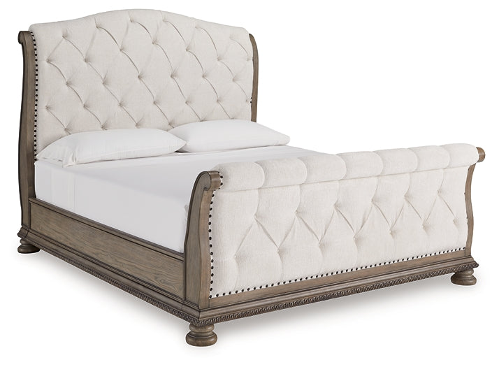 Ardenfield King Upholstered Sleigh Bed with Mirrored Dresser, Chest and Nightstand