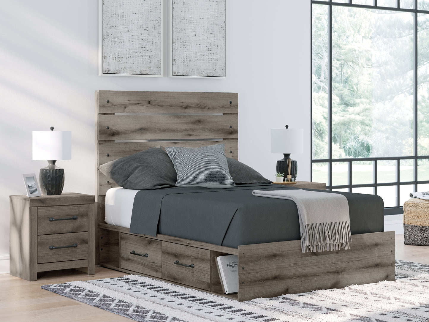 Graystorm Full Panel Bed with Storage with Mirrored Dresser