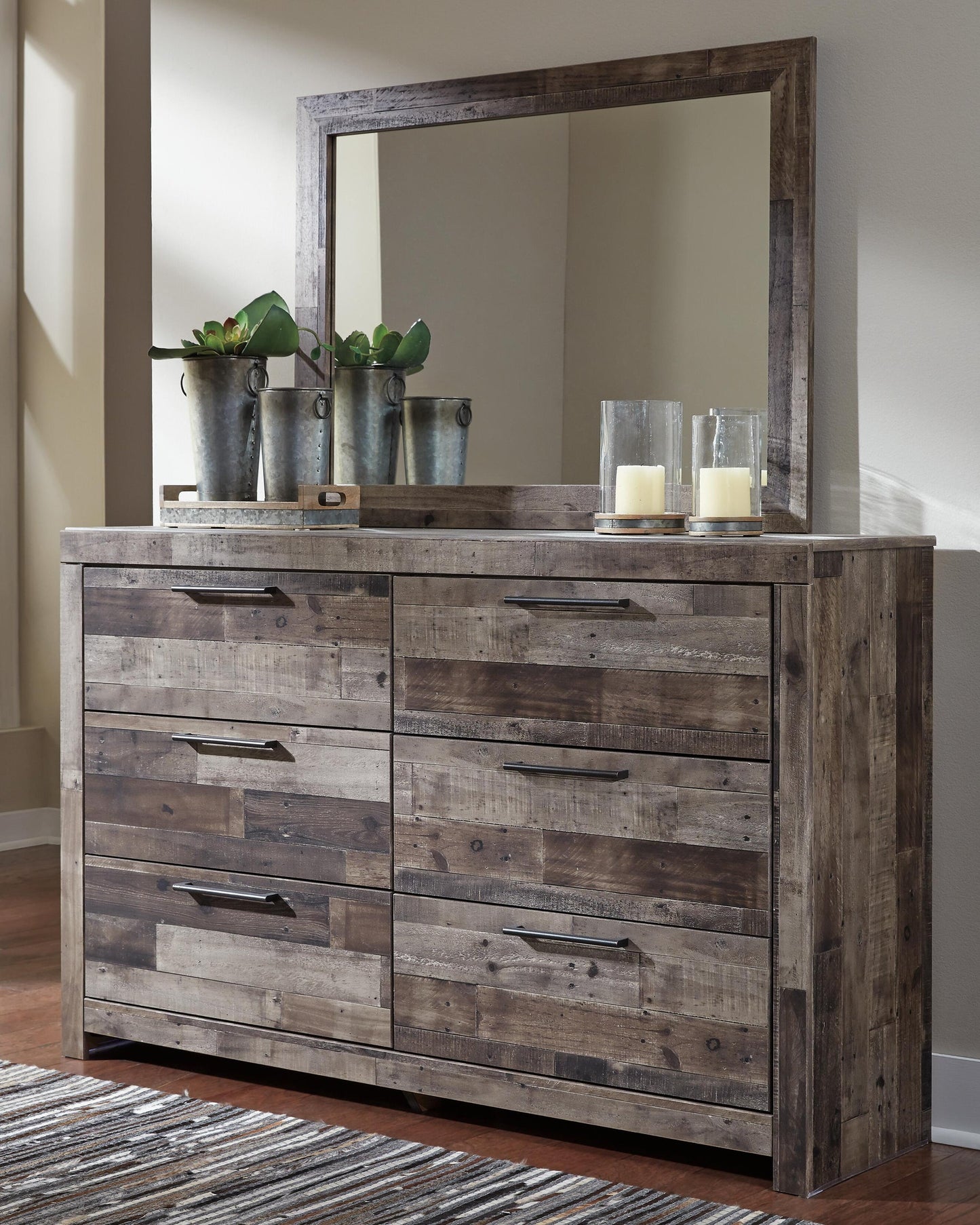 Derekson Full Panel Headboard Bed with Mirrored Dresser, Chest and Nightstand