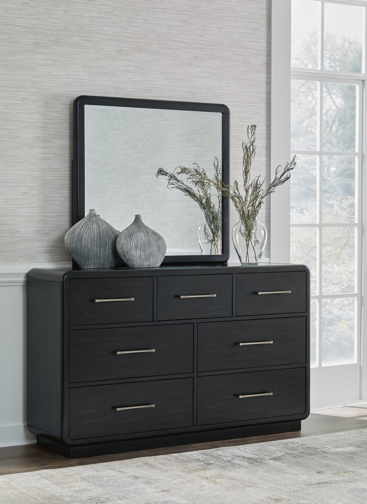 Rowanbeck California King Upholstered Panel Bed, Dresser, Mirror, Chest and Nightstand