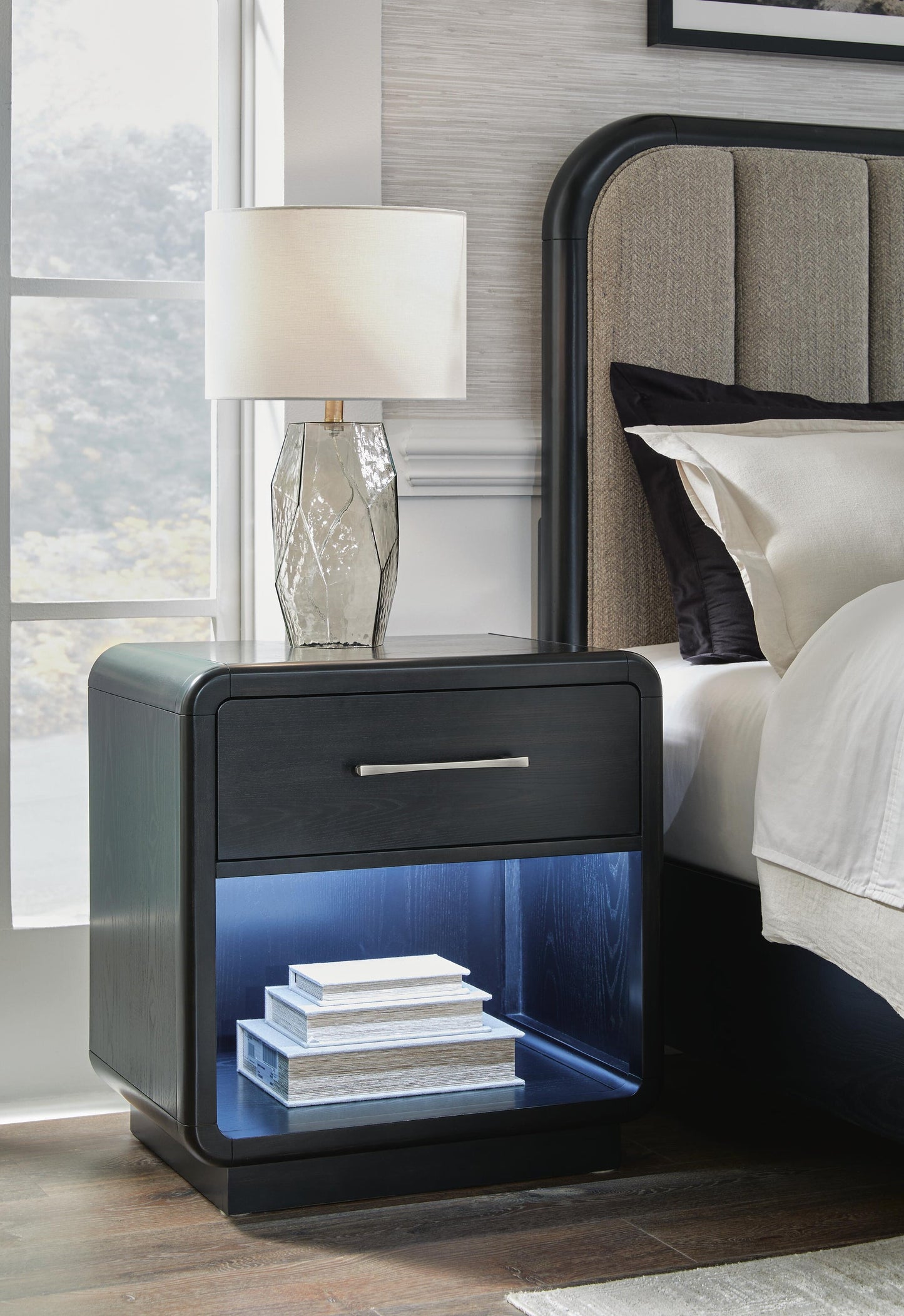 Rowanbeck California King Upholstered Panel Bed, Dresser, Mirror, Chest and Nightstand