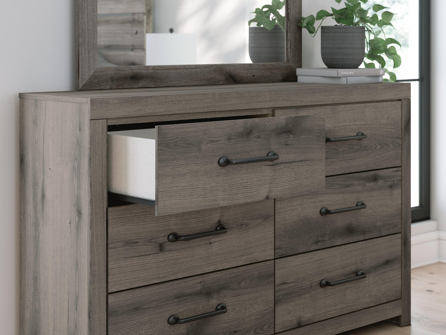 Graystorm Full Panel Bed with Storage, Dresser, Mirror, Chest and Nightstand