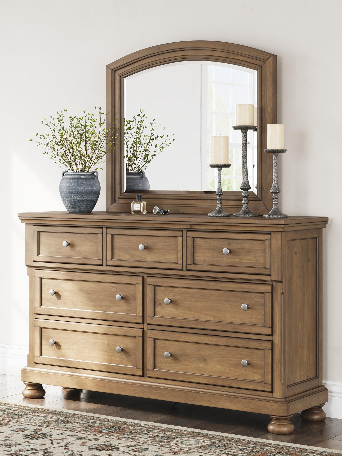 Feddinger King Storage Sleigh Bed with Mirrored Dresser and Nightstand
