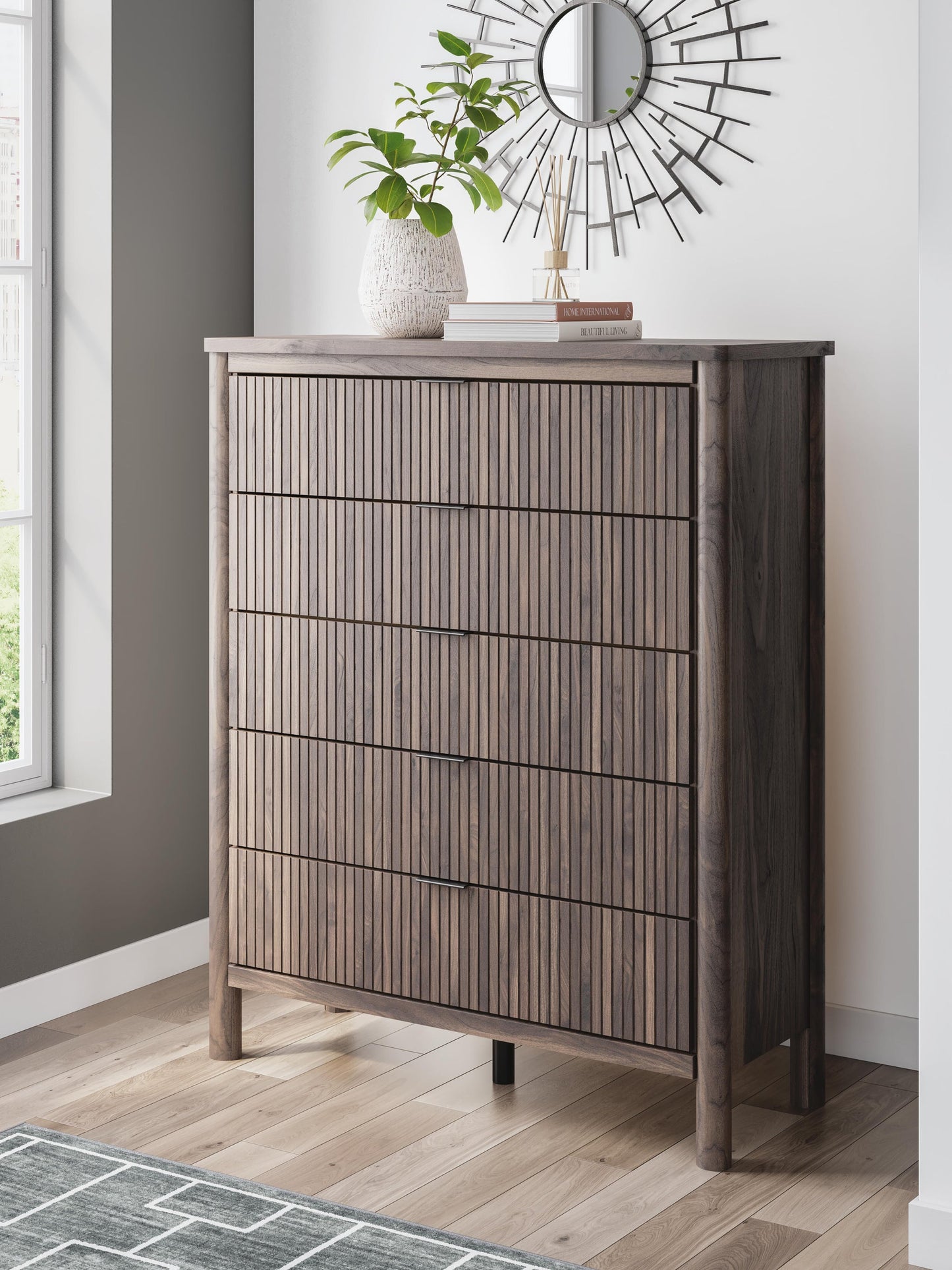 Pamytta Queen Upholstered Panel Bed, Dresser, Mirror and Nightstand