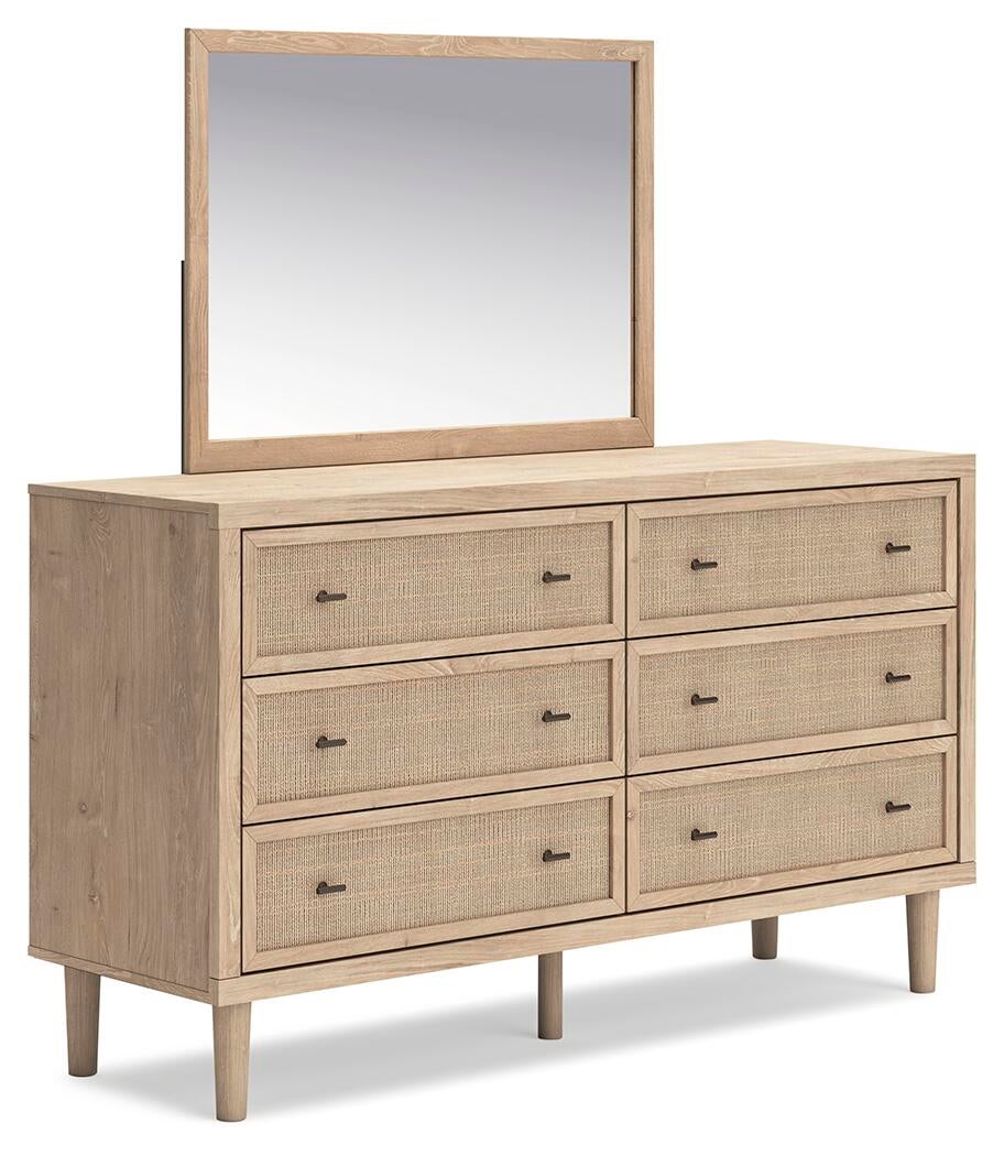 Cielden Full Upholstered Bed with Roll Slats, Dresser and Mirror
