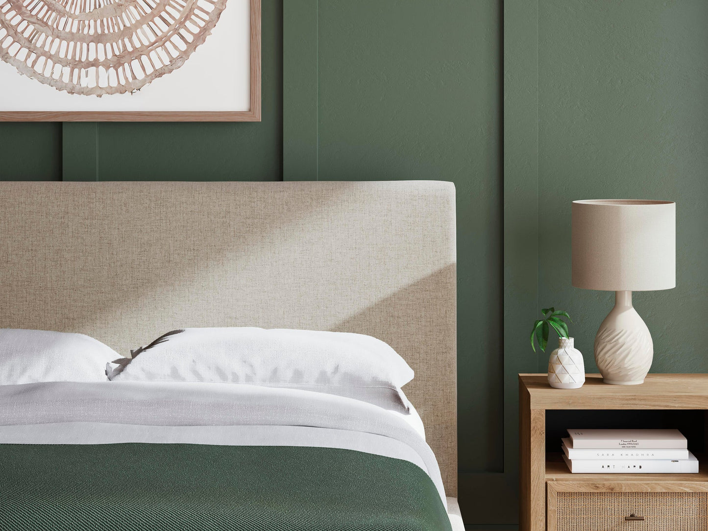 Cielden Queen Upholstered Bed with Roll Slats, Dresser and Mirror