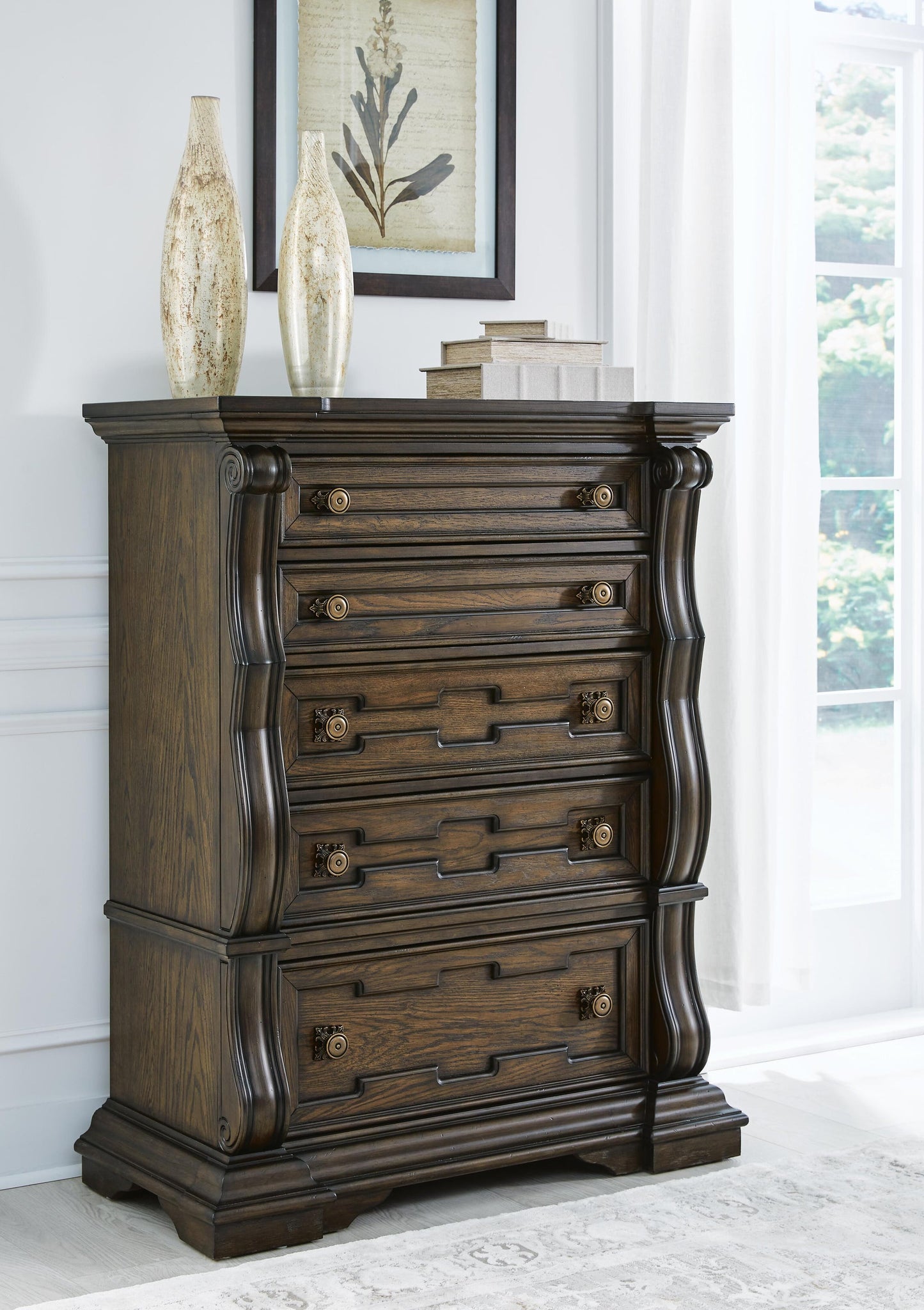 Maylee California King Canopy Bed, Dresser, Mirror, Chest and Nightstand