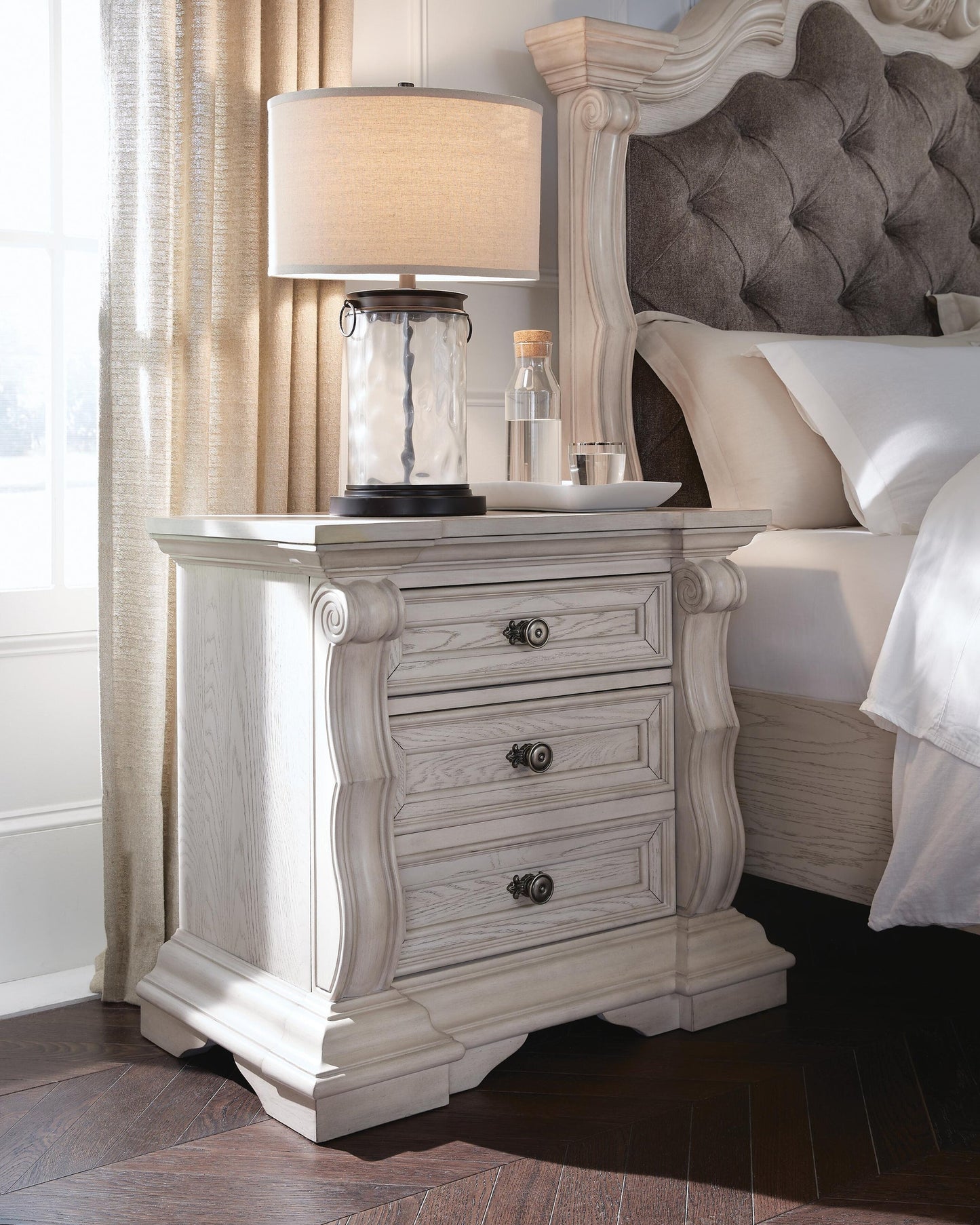 Bruchandi California King Upholstered Panel Bed with Mirrored Dresser and Nightstand