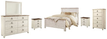 Load image into Gallery viewer, Willowton Queen Panel Bed with Mirrored Dresser, Chest and 2 Nightstands
